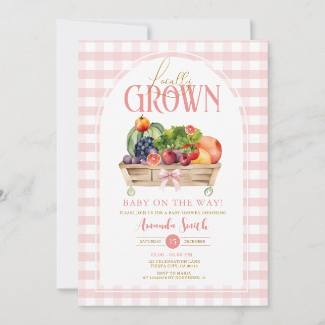 Locally Grown Baby Shower Pink Gingham invitation (Front)