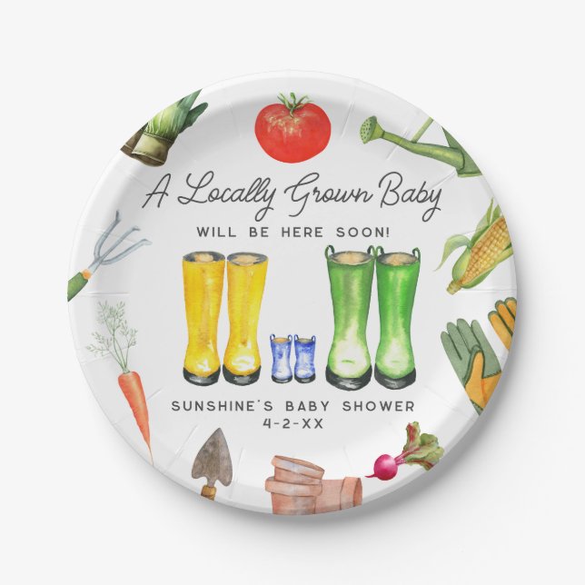 Locally Grown Blue Boots Vegetable Baby Shower Paper Plate (Front)