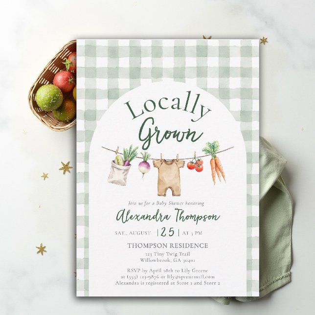 Locally Grown Clothes Line Farm Fresh Baby Shower Invitation (locally grown baby shower invitation clothes line overalls farm fresh watercolor green gingham arch)