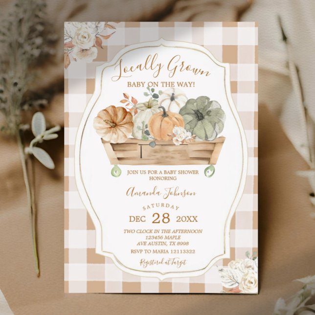 Locally Grown Fall Pumpkin Gingham Baby Shower Invitation (Creator Uploaded)