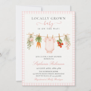 Locally Grown Farmer Pink Gingham Girl Baby Shower Invitation