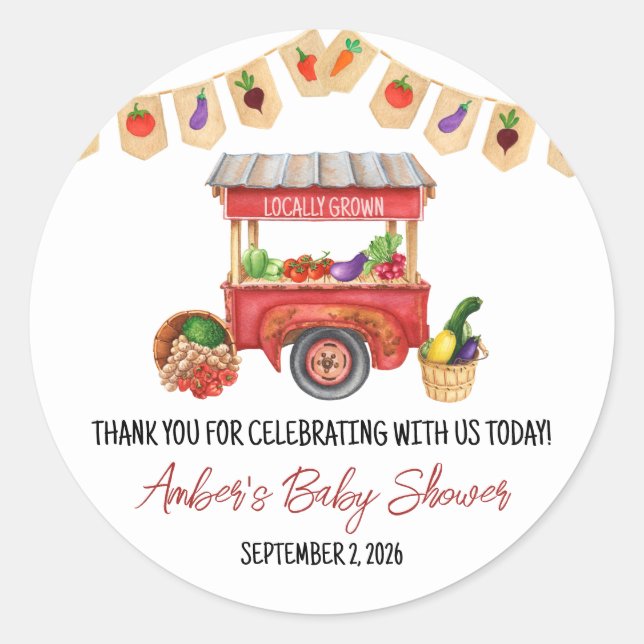 Locally Grown, Farmer's Market Baby Shower Favour Classic Round Sticker (Front)