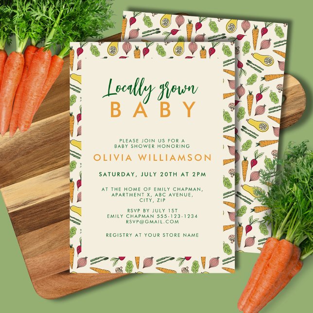 Locally Grown Farmers Market Baby Shower Invitation (Locally grown baby shower invitation for gender neutral farmers market vegetable theme.)