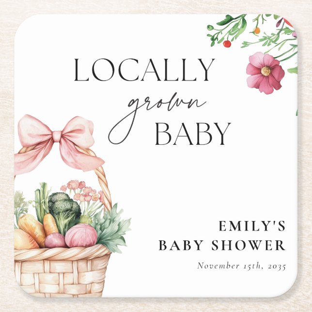 Locally Grown Farmers Market Girl Baby Shower Square Paper Coaster (Front)