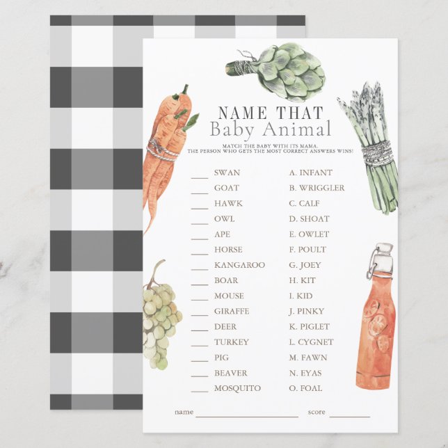 Locally Grown Farmers Market Name the Baby Animal (Front/Back)