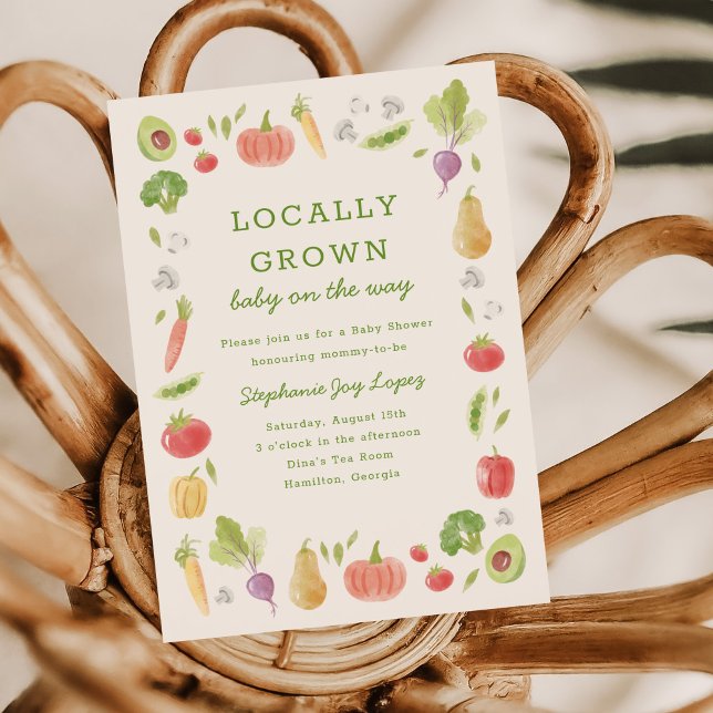Locally Grown Farmer's Market Veggies Baby Shower Invitation (Locally Grown baby shower invitation with hand-drawn watercolour vegetables)
