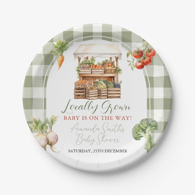 Locally Grown Fresh Market Baby Shower Gingham Paper Plate (Front)