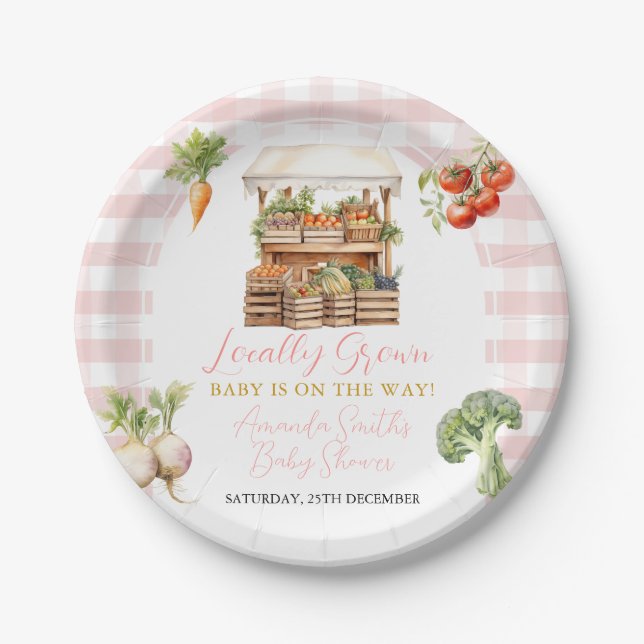 Locally Grown Fresh Market Baby Shower Gingham Paper Plate (Front)