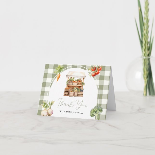 Locally Grown Fresh Market Baby Shower Gingham Thank You Card (Front)