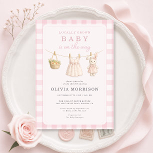 Locally Grown Gingham Girl Pink Baby Shower Invitation