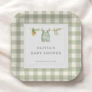 Locally Grown Gingham  Sage Green Baby Shower  Paper Plate