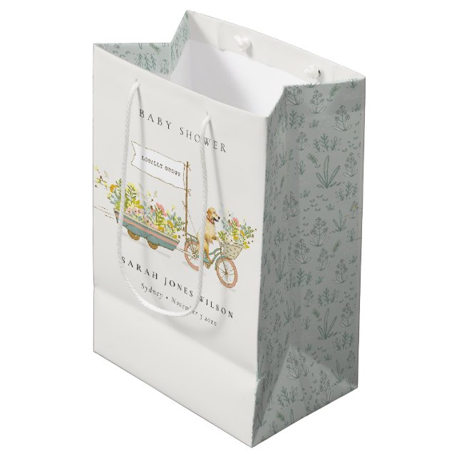 Locally Grown Golden Retriever Floral Baby Shower Medium Gift Bag (Front Angled)