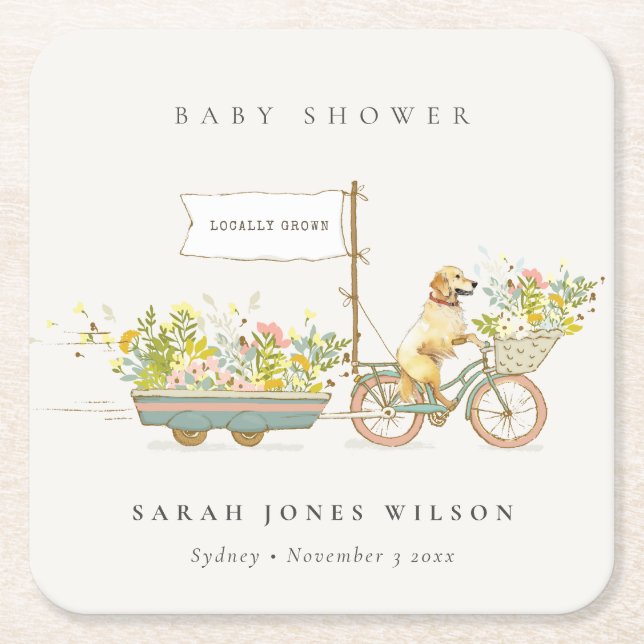 Locally Grown Golden Retriever Floral Baby Shower Square Paper Coaster (Front)