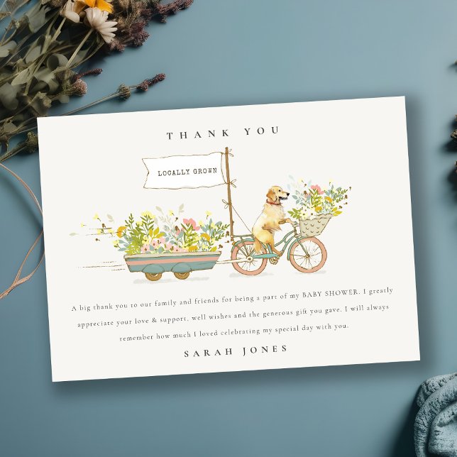 Locally Grown Golden Retriever Floral Baby Shower Thank You Card (Creator Uploaded)