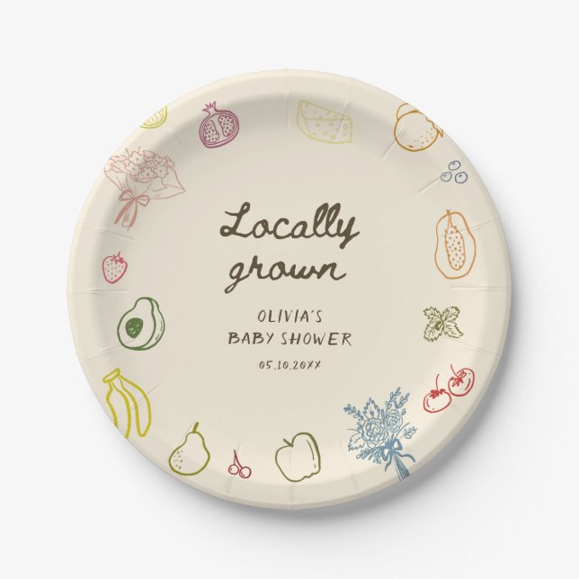 Locally Grown Hand Drawn Baby Shower Paper Plate (Front)