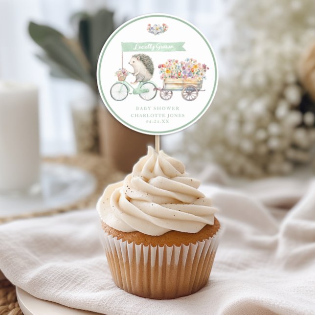 Locally Grown Hedgehog Baby Shower Cupcake Sticker (Baby Shower Favor Sticker For Many Uses)