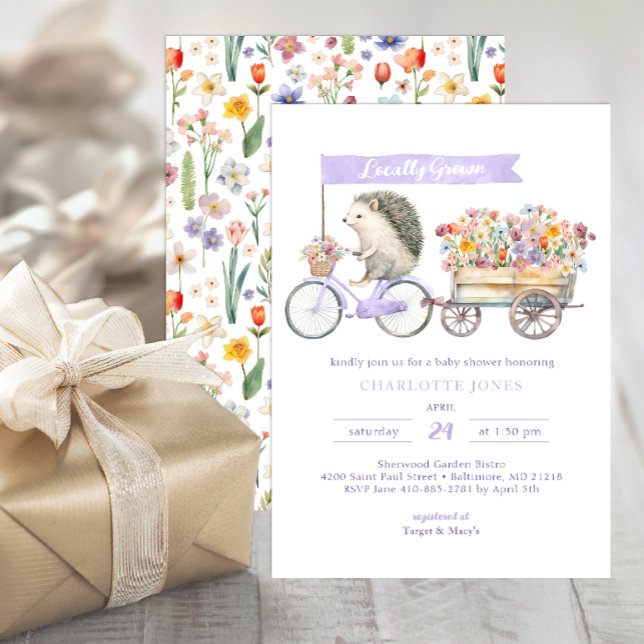Locally Grown Hedgehog Baby Shower Invitation  (Whimsical Baby Shower Invitation - Purple)