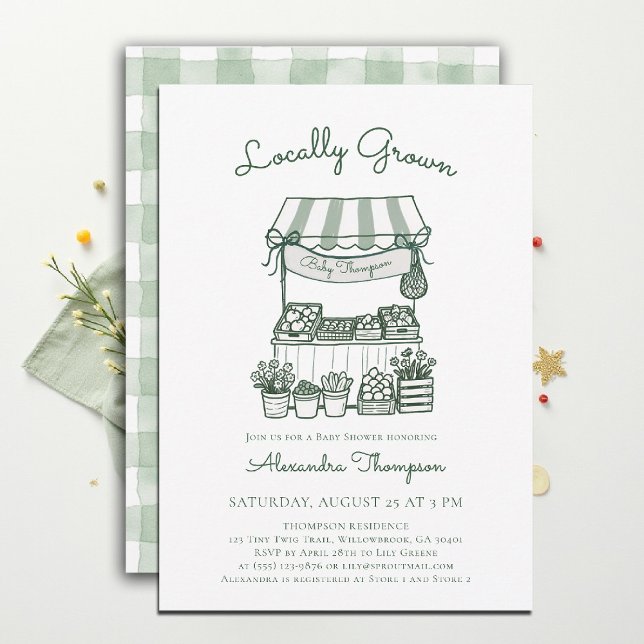 Locally Grown Market Stand Green Baby Shower Invitation (locally grown baby shower invitation sprout produce watercolor farmers market stand gingham sage)