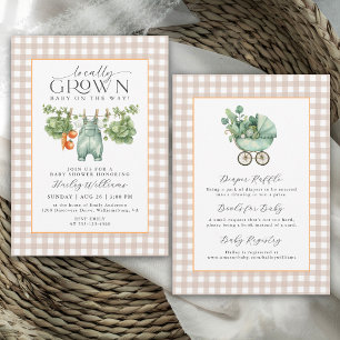 Locally Grown Neutral Beige Gingham Baby Shower Invitation