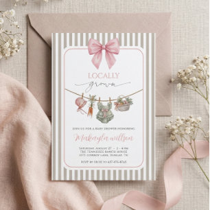 Locally Grown  Pink Bow Farmers Baby Girl Shower  Invitation