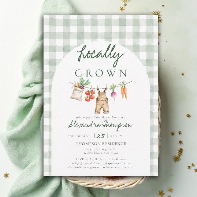 Locally Grown Produce Clothes Line Baby Shower Invitation (locally grown baby shower invitation clothes line overalls produce watercolor green gingham arch)