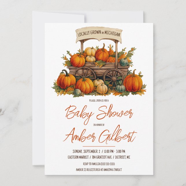 Locally Grown, Pumpkin Farmer's Market Baby Shower Invitation (Front)