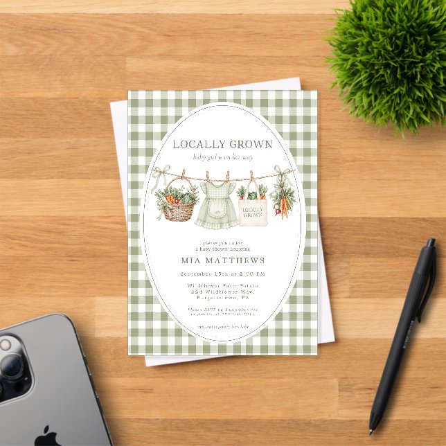 Locally Grown Sage Gingham Baby Shower Invitation (Insitu (Invitation Card))