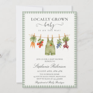 Locally Grown Sage Green Gingham Baby Shower Invitation
