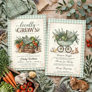 Locally Grown Sage Green Gingham Baby Shower Invitation
