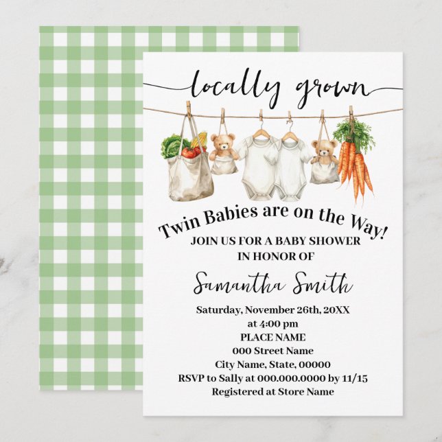 Locally Grown Twins on the Way Baby Shower Invitation (Front/Back)