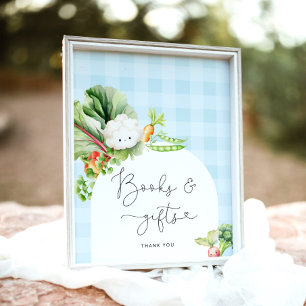 Locally grown vegetables blue books and gifts sign