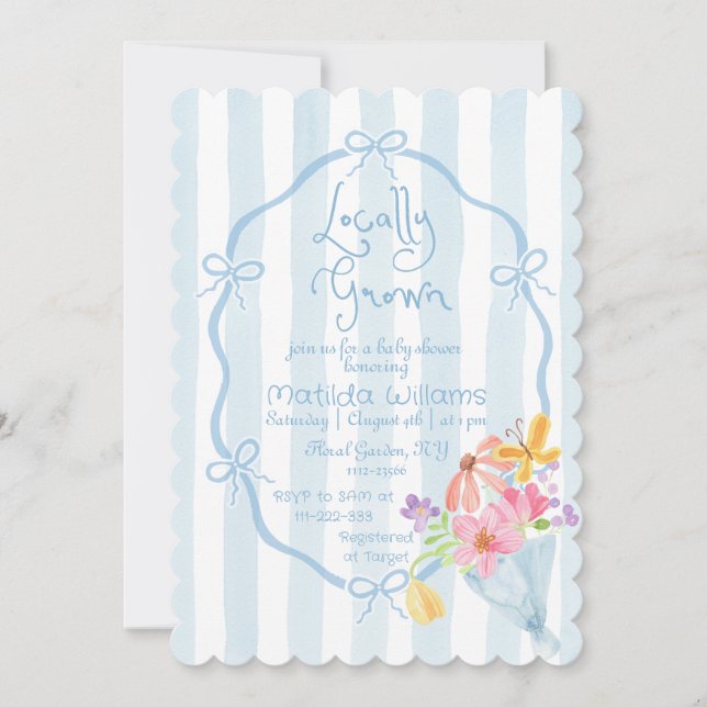 Locally Grown Whimsical Blue and pink Baby shower Invitation (Front)