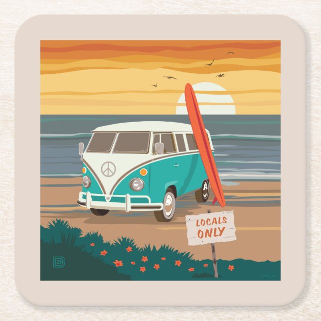 Locals Only | VW Surf Van Square Paper Coaster (Front)