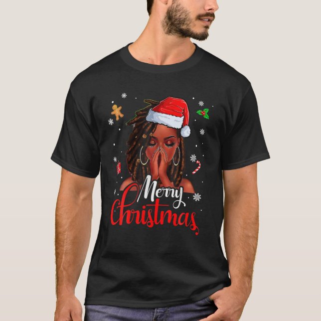 Loc'd Hair Black Woman Merry Christmas Santa Hat X T-Shirt (Front)