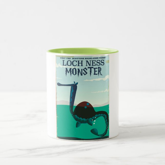 Loch Ness Monster funny travel poster Two-Tone Coffee Mug (Center)
