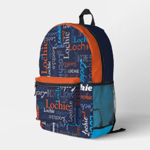 Lochie personalised name blue grey orange printed backpack