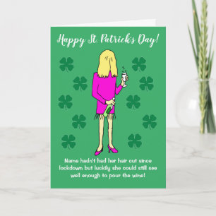 Lockdown Woman Drinking Wine St Patricks Day Card