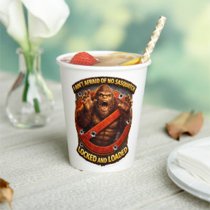 Locked and loaded Sasquatch hunting club paper cup