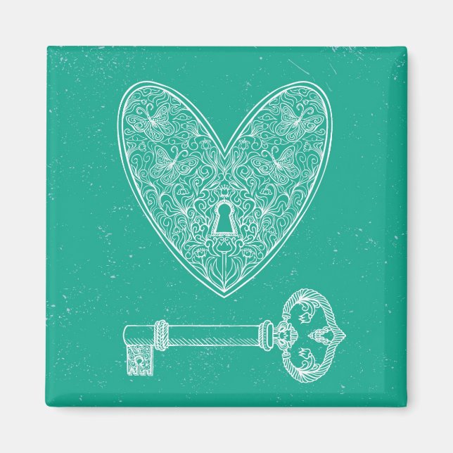 Locked Heart and Key on Emerald Green Background Magnet (Front)