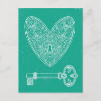 Locked Heart and Key on Emerald Green Background