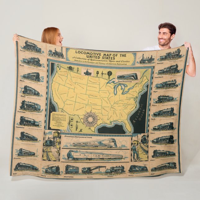 Locomotive Map of the United States Fleece Blanket (In Situ)