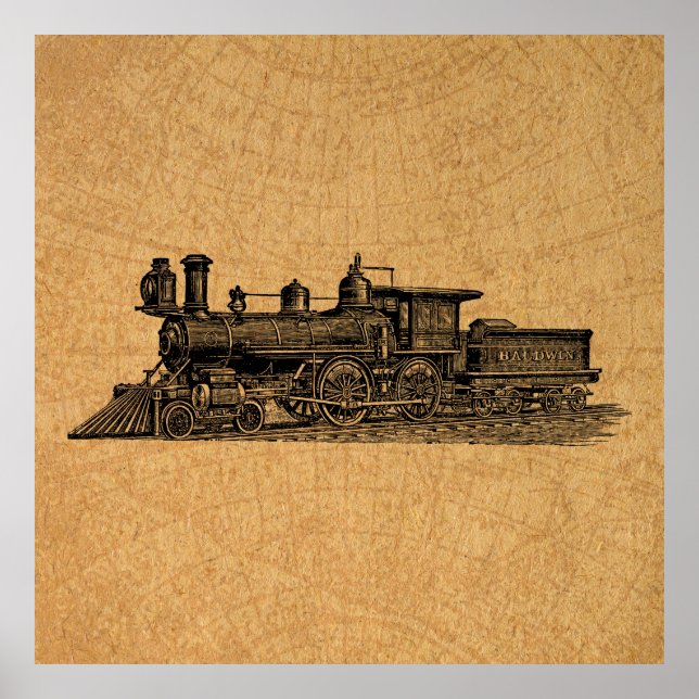 Locomotive Train Vintage Steam Engine & Map Style Poster (Front)