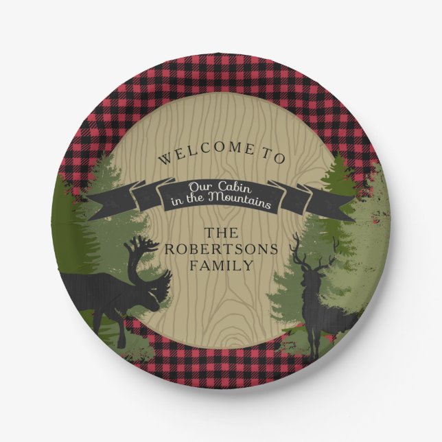 Lodge Mountain Cabin Rustic Hunting Deer Antlers Paper Plate (Front)