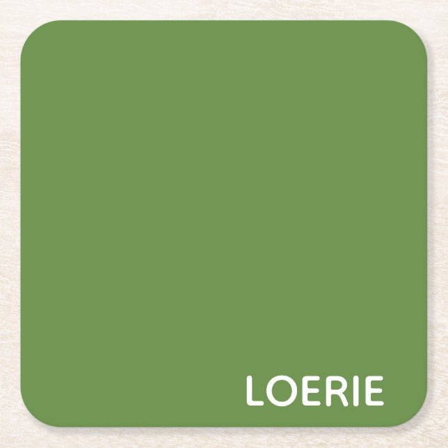 Loerie green colour name square paper coaster (Front)