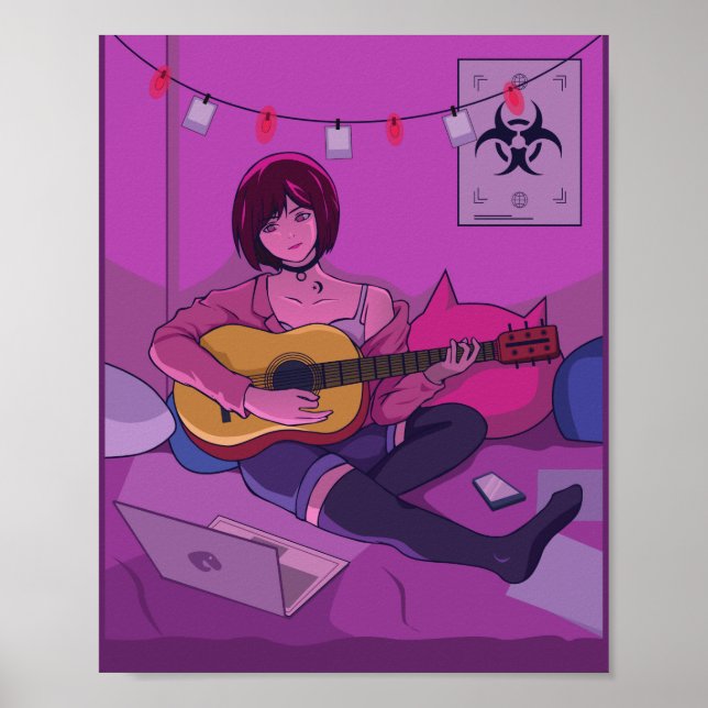Lofi Anime Art Playing Guitar Poster (Front)