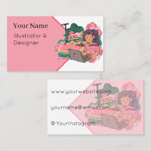 Lofi Tech Girl Pink Crystals & Shoulder Cat Art Business Card