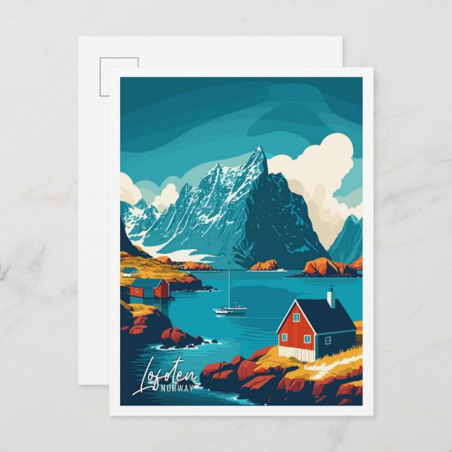Lofoten Norway Art Vintage Travel Illustration Postcard (Front/Back)