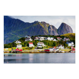 Lofoten Norway Reine village under sunny blue sky Poster