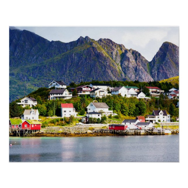 Lofoten Norway Reine village under sunny blue sky Poster (Front)