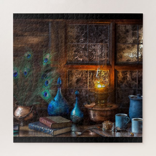 Log Cabin by lamplight scene brown blue rustic Jigsaw Puzzle (Horizontal)